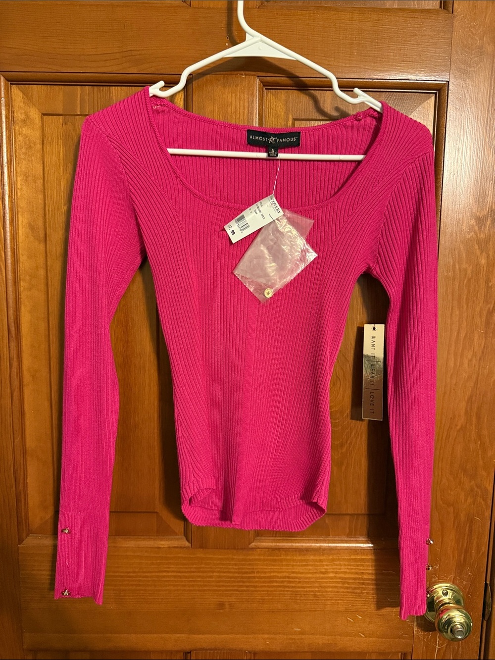 Almost Famous Pink Ribbed Scoop Neck Long Sleeve Top